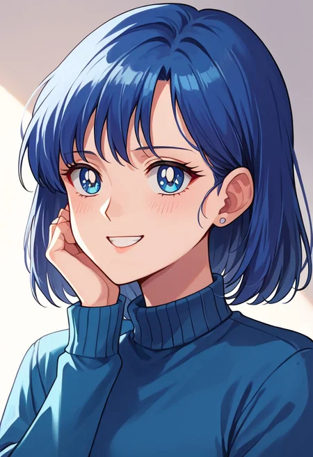 (masterpiece), best quality, a 30-year-old woman with (blue bob hair) and blue eyes, she wears a (cyan blue sweater) (long sleeves) and (brown pants), light grin, mature female, motherly, score_9, score_8_up, score_7_up, source_anime, score_9, score_8_up, score_7_up, sm90s