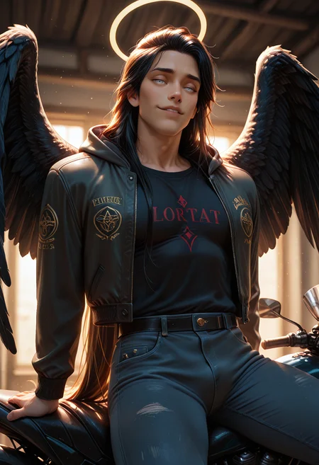 1boy, muscular male, halo, angel, wings, solo, angel wings, biker clothes, very long hair, jeans, open jacket, sitting, black feathered wings, looking at viewer, clothes writing, white eyes, motor vehicle, smug, parted lips, long sleeves, motorcycle, hood down, cowboy shot, 
SmoothNoob_Quality