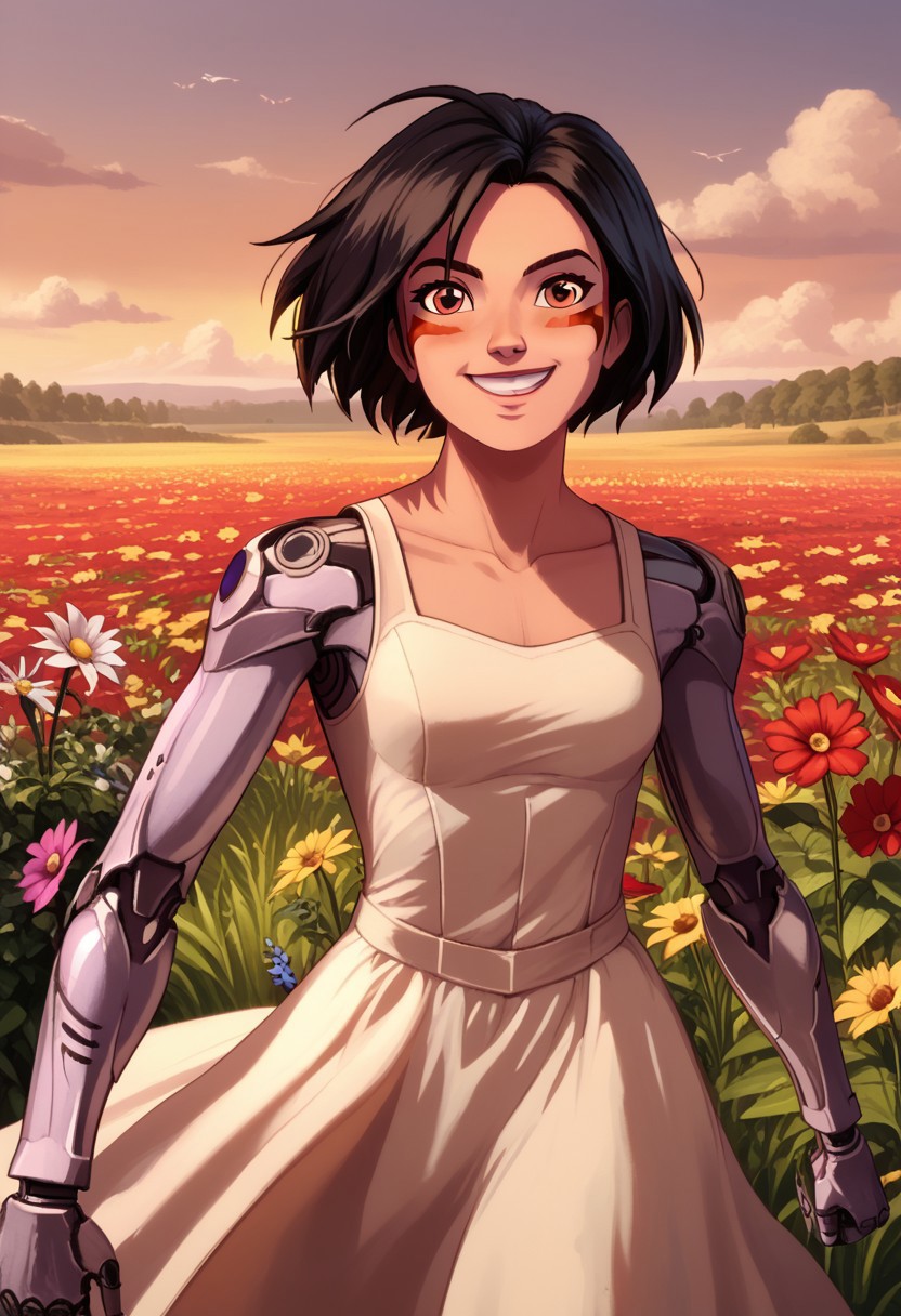 Score_9, Score_8, Score_7, TDPStyle,,alita, battle angel alita, cyborg, mechanical arms, smile, bodysuit, red facial marks, black hair, short hair, Looking at Viewer, strawhat, sundress, happy, flower field,