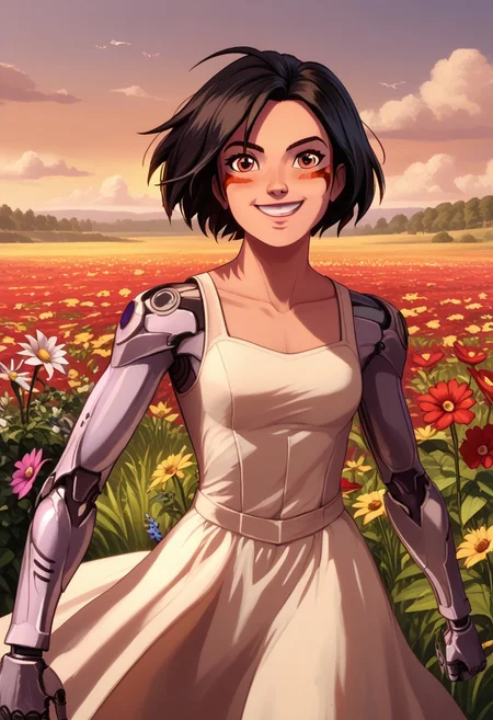 Score_9, Score_8, Score_7, TDPStyle,,alita, battle angel alita, cyborg, mechanical arms, smile, bodysuit, red facial marks, black hair, short hair, Looking at Viewer, strawhat, sundress, happy, flower field,