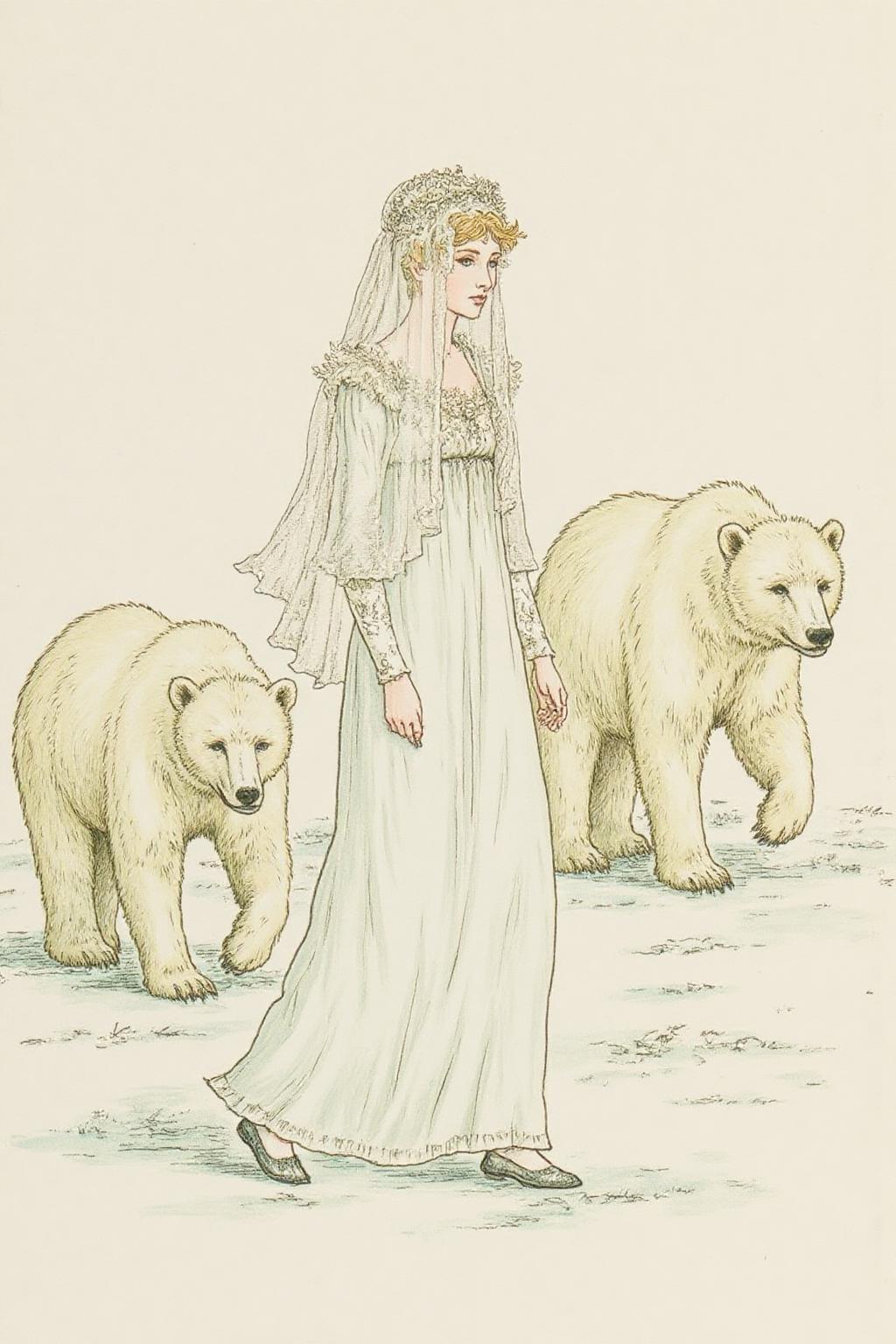 kategreenaway1 illustration. 
 A Snow Queen with an ethereal appearance walking with two giant polar bears beside her. She is dressed in a flowing, long white gown that seems to shimmer, possibly made of a translucent fabric or lace, giving it a delicate, ethereal quality. Her hair and face are obscured by a delicate, sheer veil that extends to the ground, adding to her otherworldly aura. <lora:kategreenaway1_f16e6:1.0><lora:870953229695899383:0>