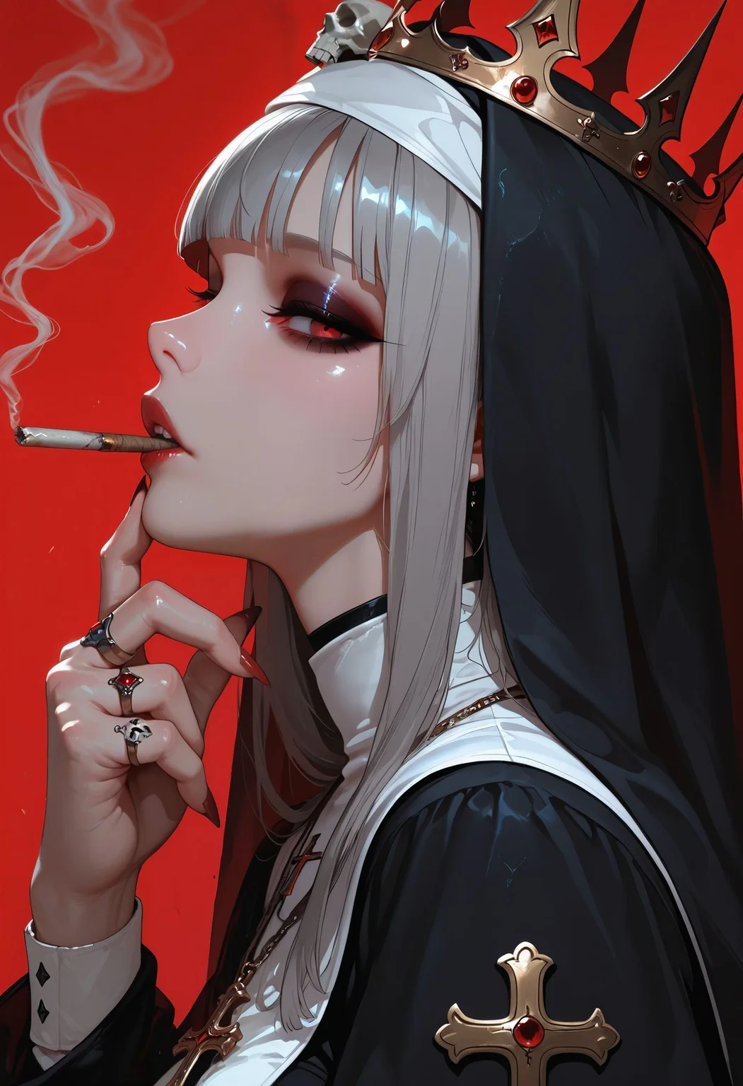masterpiece, best quality, very aesthetic, absurdres, newest, depth of field,realistic, goth girl <lora:gothic_niji_style_ilxl_goofy:0.8>
1girl, sharp fingernails, red background, habit, profile, skull, nun, jewelry, looking at viewer, from side, crown, simple background, parted lips, upper body, grey hair, cross necklace, blunt bangs, long fingernails, red nails, ring, eyeshadow, makeup, smoke, cigarette, multiple rings, bone, blood, hand on own chin, smoking