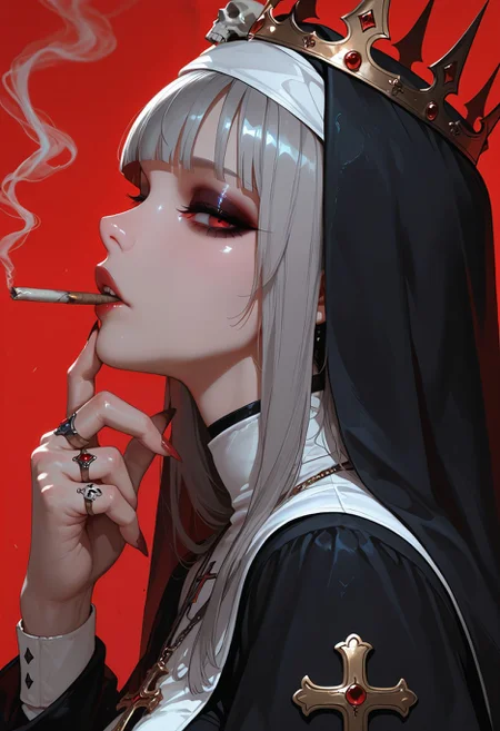 masterpiece, best quality, very aesthetic, absurdres, newest, depth of field,realistic, goth girl <lora:gothic_niji_style_ilxl_goofy:0.8>
1girl, sharp fingernails, red background, habit, profile, skull, nun, jewelry, looking at viewer, from side, crown, simple background, parted lips, upper body, grey hair, cross necklace, blunt bangs, long fingernails, red nails, ring, eyeshadow, makeup, smoke, cigarette, multiple rings, bone, blood, hand on own chin, smoking