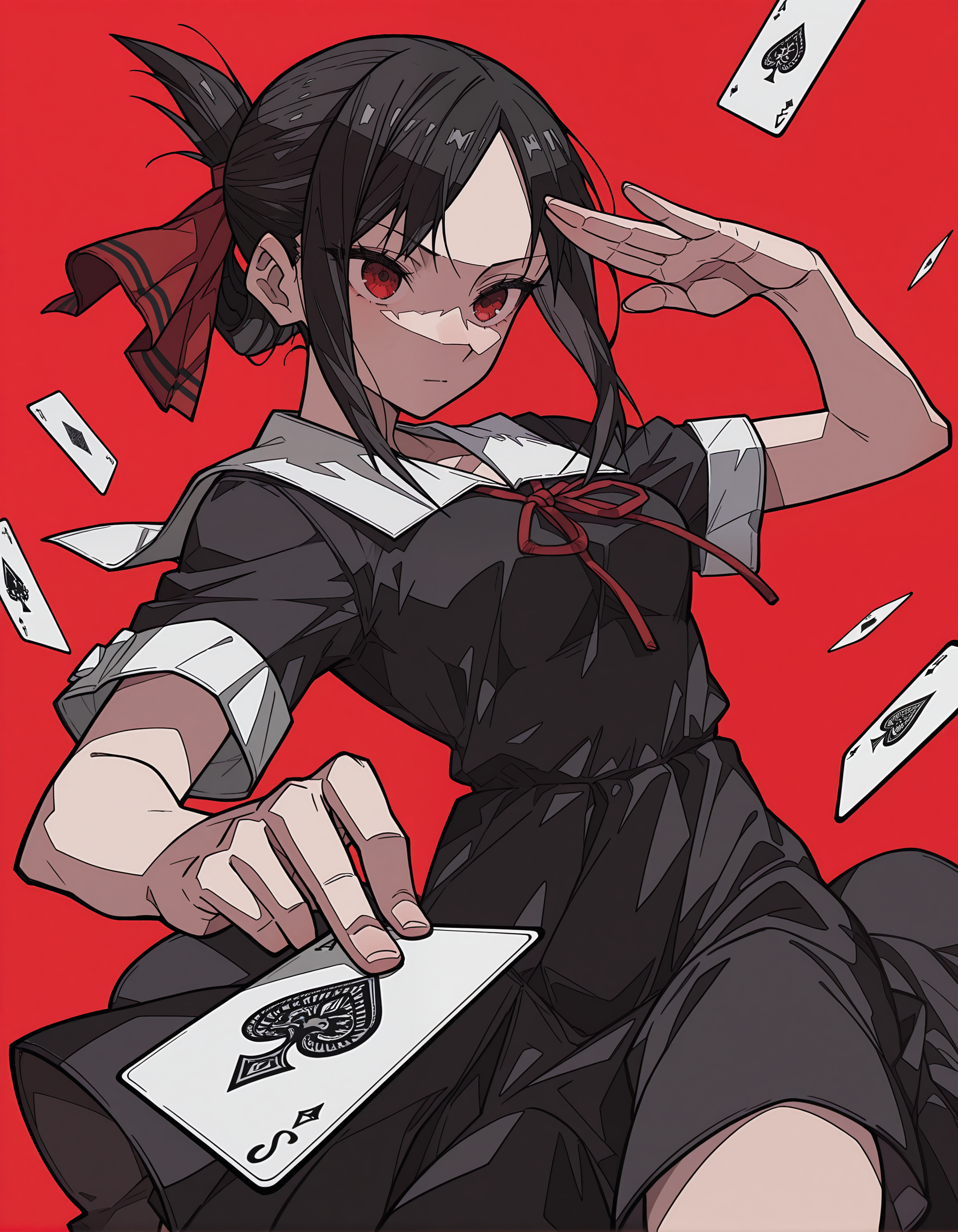 incredibly absurdres, masterpiece, absurdres, high quality,7A3IFRHPR_illu, <lora:hwm4to7A3IFRHPR:1>,ligne claire, dynamic pose, shinomiya kaguya,  1girl, solo, red background, red eyes, shuuchiin academy school uniform, folded ponytail, school uniform, ribbon, dress, red ribbon, black hair, black dress, summer uniform, card, bangs