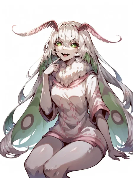 score_9, score_8_up, score_7_up, score_6_up, score_5_up, <lora:mothXLP:1> moth, 1girl, solo, green eyes, monster girl, open mouth, colored sclera, antennae, smile, arthropod girl, white background, long hair, looking at viewer, white hair, simple background, sitting