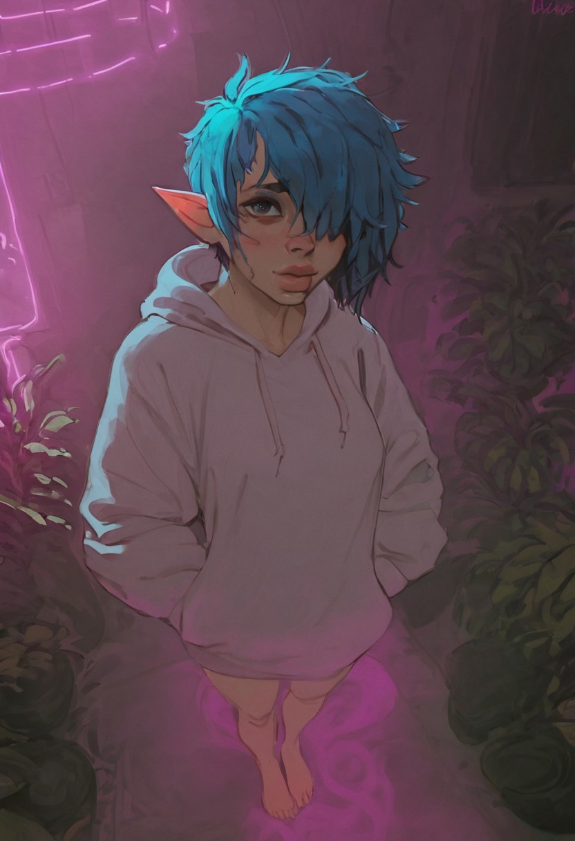 <lora:DarcyPony1.0:0.75> darcy, elf ears, 1girls, very short hair, pixie cut, solo, uncensored, full body shot, tomboy, large breast, perky breasts,, blue hair, slim waist, score_9, score_8_up, score_7_up, score_6_up, <lora:Smooth Anime Style LoRA XL:1>, standing, hair over eyes, viewed from front, viewed from above
gray hoodie, bottomless, loose hoodie, baggy clothes, thick lips, big lips, big hoodie, oversized hoodie,
looking at viewer, looking up at viewer, hair over eyes, messy hair, very messy hair,
, plants on the windowsill, wall of plants, monstera plant, large plant, tidy bedroom, small room, cramped bedroom, cyberpunk city view out of the window, neon light, purple neon lights,