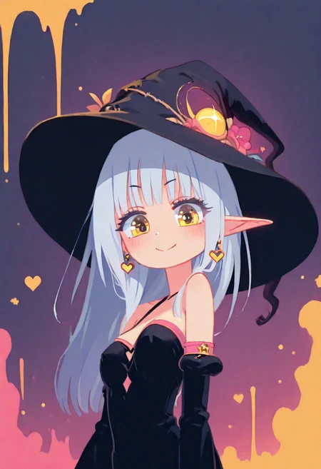 masterpiece, best quality, newest, very awa, Smooth, no lineart, no outline, very aesthetic, Flatline, Flat vector illustration, flat colors, Colorful themes, High Saturation, haiz_ai, orenji, 
masterpiece, best quality, 1girl, solo, eyelashes, (beautiful eyes),      1girl, blush, detached sleeves, earrings, female focus, hat, heart, heart earrings, jewelry, lillian (homura subaru), lillian ljungstrom, long hair, looking at viewer, nail polish, original, pointy ears, silver hair, smile, solo, upper body, witch, witch hat, yellow eyes,