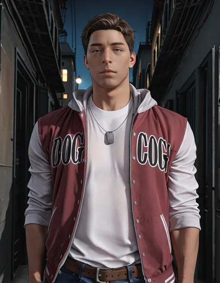 masterpiece, best quality, absurdres, newest, perfect quality, best quality, absolutely eye-catching, detailed background, intricate details, male focus, realistic, solo, <lora:Resident Evil - Samuel Jordan - Illustrious-000004:0.7>, resam, 1boy, mature male, no facial hair, short hair, brown hair, blue eyes, city, alley, night, two-tone hooded jacket, sleeves rolled up, white shirt, dog tags, belt, jeans, upper body