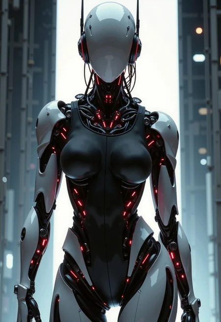 in the style of ckfa, anime, manga, inksketch, studio anime, faceless android. Significant cybernetic augmentation includes thick cabling integrated into neck and spine, and a powerful, segmented white-plated robotic arm and hand revealing underlying red wiring/components. the android wears a simple black tank top, revealing toned musculature alongside the cybernetics. The lighting is dramatic and high-contrast, with a bright backlight illuminating parts of her form and casting deep shadows, set against a blurry, cool-toned cityscape. Focus on functional combat cybernetics, intense focus, and gritty bio-mechanical integration.