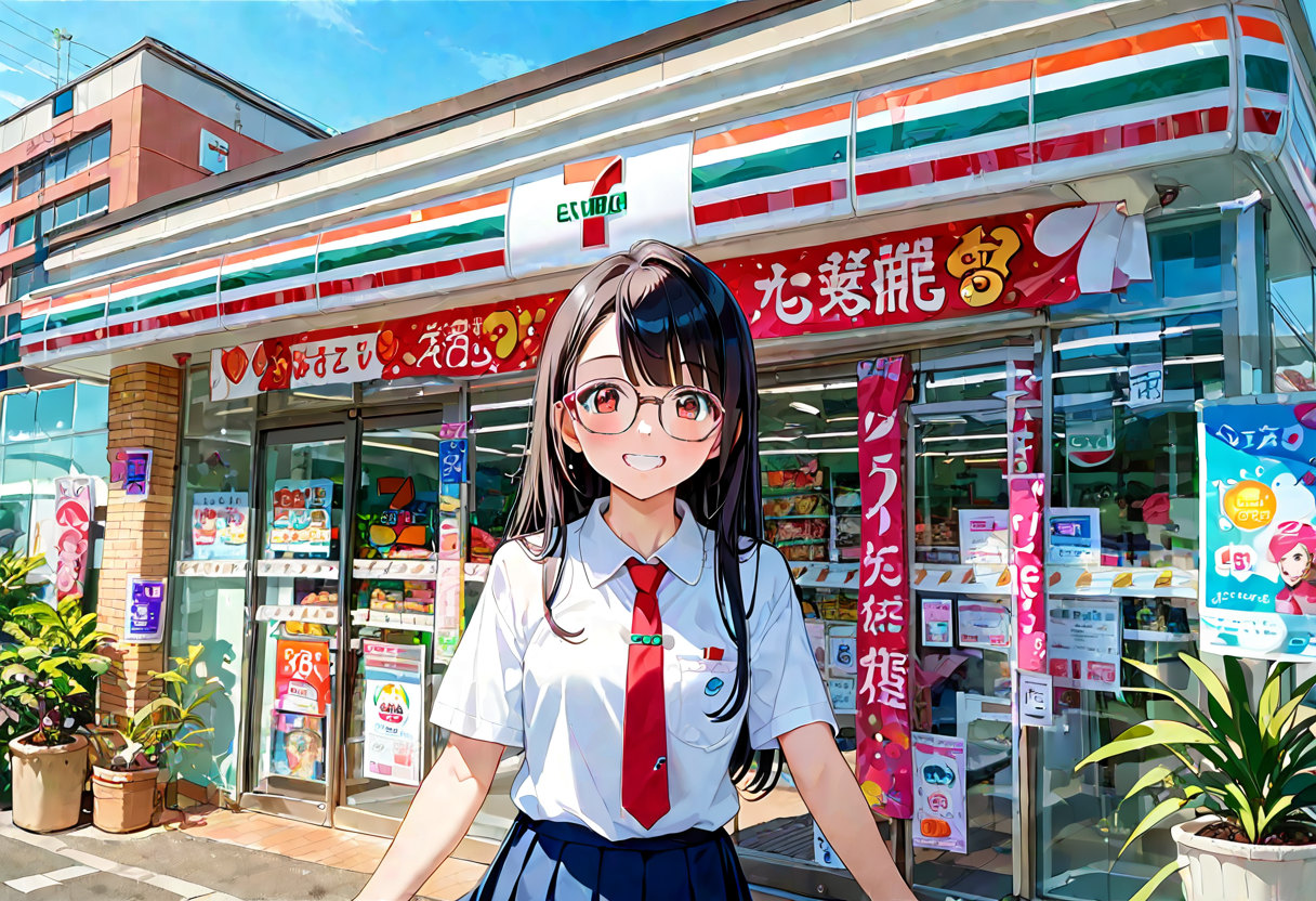 score_9, score_8_up, score_7_up, rating_safe, masterpiece, best quality, absurdres, unity 8k wallpaper, official art, official style, source_anime, uncensored, game cg, megami magazine,
1girl, solo, glasses, black hair, long hair,  collared shirt, red necktie, pleated skirt, blue skirt, looking at viewer, blush, upper body, short sleeves, smile, happy, 
seveneleven, konbini, scenery, storefront, japan, shop, scenery, outdoors, convenience store, sky, plant, sign, building, storefront, day, real world location, blue sky
 <lora:7eleven_storefront_PONY_V1:1>