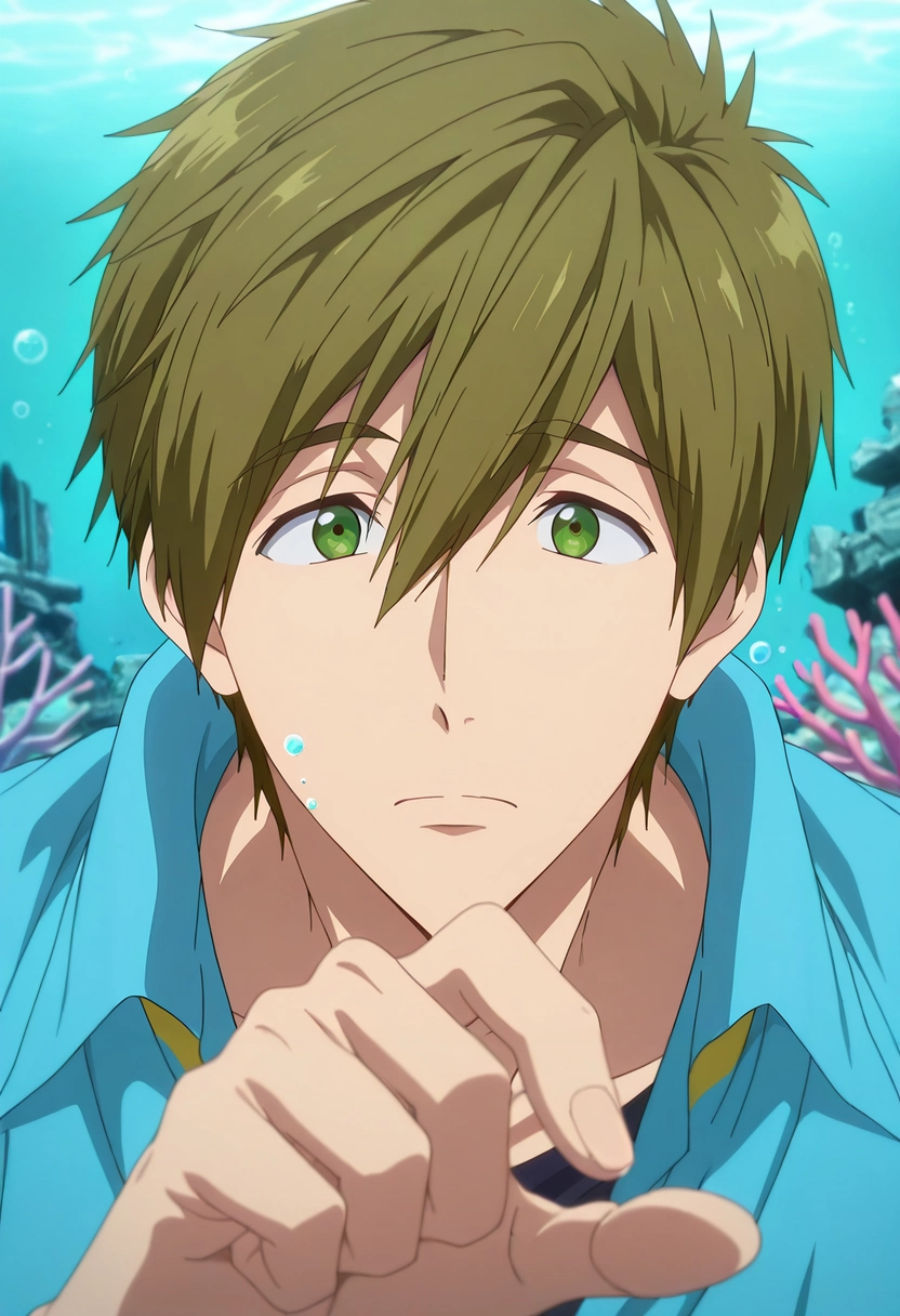 masterpiece, best quality, , anime screencap, anime coloring, official style, looking at viewer, 1boy, solo, male focus, <lora:makoto_tachibana_ilxl:0.98>, makoto_tachibana, brown hair, green eyes, hair between eyes, tachibana makoto, underwater ruins, shell structures, bubble paths, coral growths, investigating pose, fascinated expression, aqua lighting,