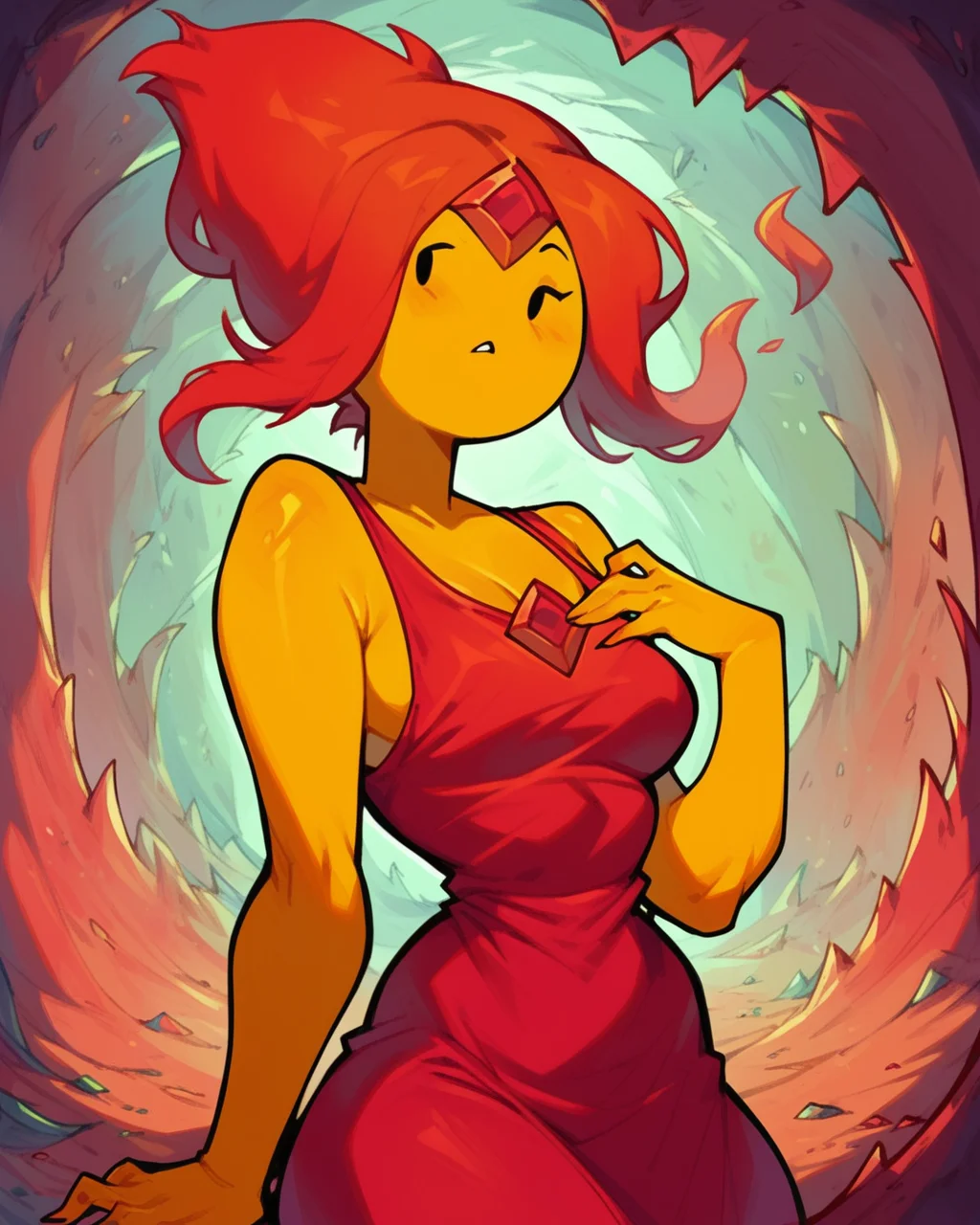 score_9, score_8_up, score_7_up, 1girl, solo, flame princess, yellow skin, red hair, red dress, seductive pose, cowboy shot, looking at viewer, cave, <lora:FlamePrincess_PDXL:1>
