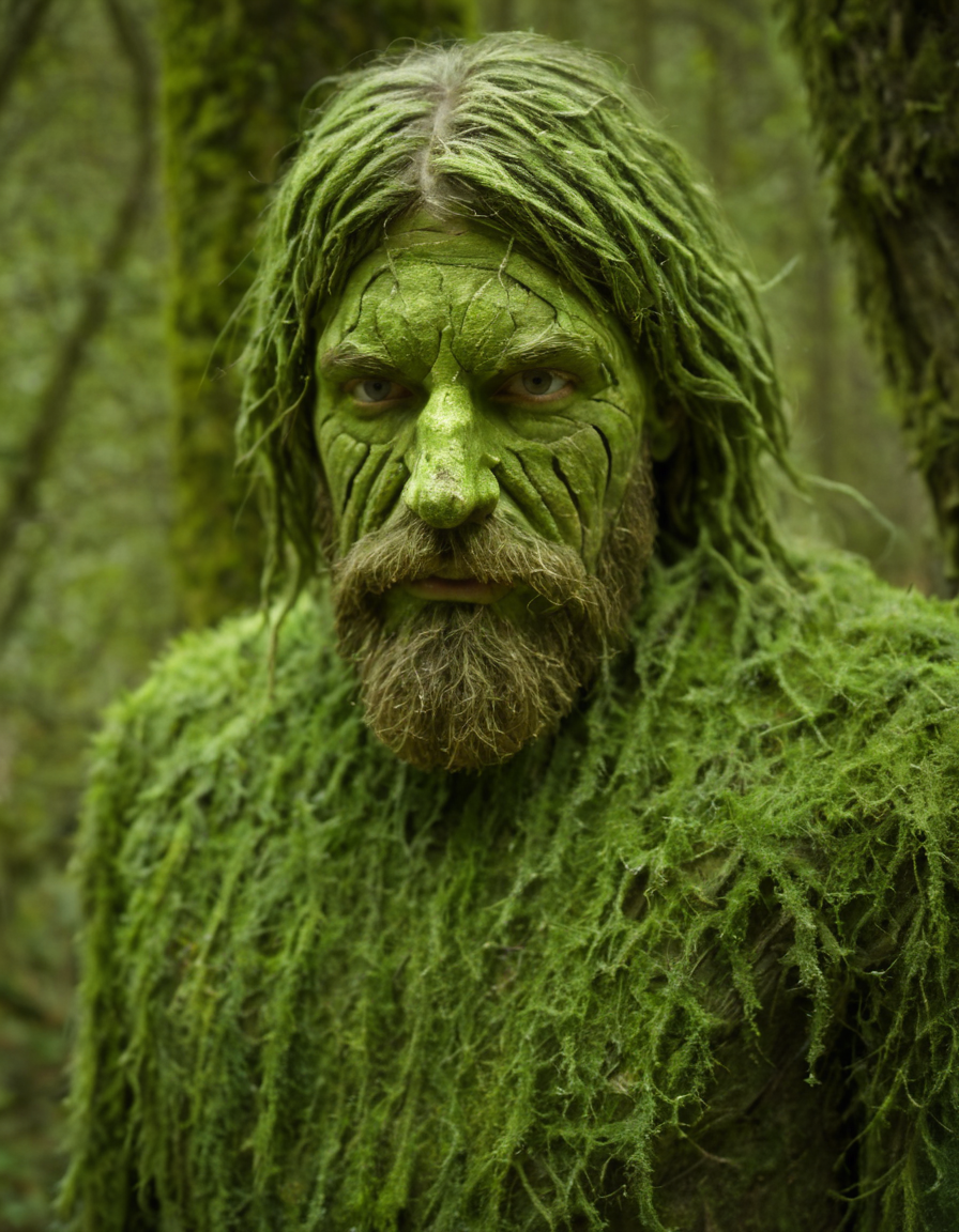 naturelora, natural statue, portrait, mossy beard, wooden skin, tree person