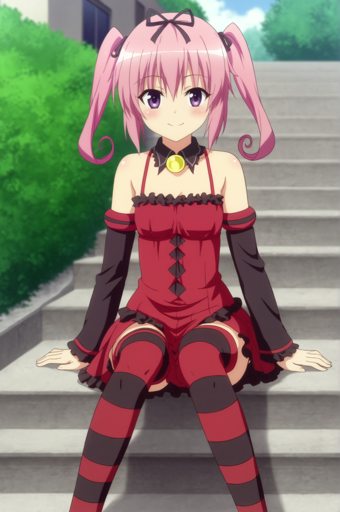 <lora:Nana_Astar_Deviluke:0.7>, Nana Astar Deviluke, 1girl, solo, looking_at_viewer, blush, smile, dress, thighhighs, ribbon, sitting, outdoors, detached_sleeves, striped_clothes, striped_thighhighs, stairs <lora:sdxl_lightning_4step_lora:1>