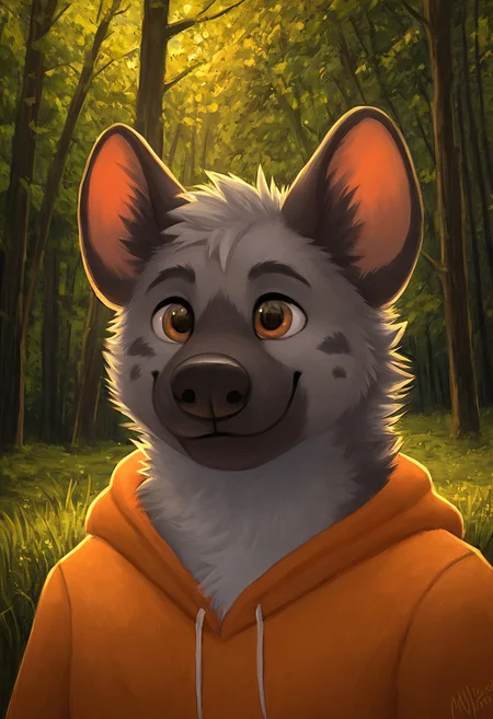 Dave[PASSWORD], hyena, mammal, striped hyena, animal, animal ears, anthro, furry, brown markings on face, brown markings on hands, brown markings, eyebrows, grey fur, grey body, brown eyes, hyena ears, brown ears, male, male character, (Male Anthro Hyena:1.5)
Solo, alone, by himself, 1boy, male.  
chubby, chubby body, (chubby body), (grey body:1.1), 
clothing, clothed, orange hoodie, blue trousers
HD, digital painting, digital art, masterpiece.  Headshot, head focus, close to face, closeup, bustshot.  Happy emotion, happy.   outside, forest, trees, woods, grassy floor, grassy, (outside:1.4)  HD, digital painting, digital art, masterpiece ((bust portrait)), digital drawing (artwork), digital media (artwork), hi res. mylafox[STYLE], Art by mylafox, By mylafox, furry, furry art, Cartoony, Cartoon like, realistic style, detailed, shaded, shading,