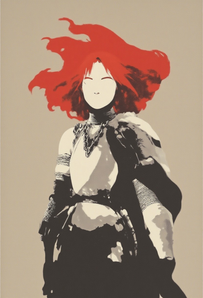 ArsMJStyle, Minimalist Vector Art of a Frank Frazetta fantasy oil painting young woman with bright red hair blowing in the wind, wearing chainmail armor