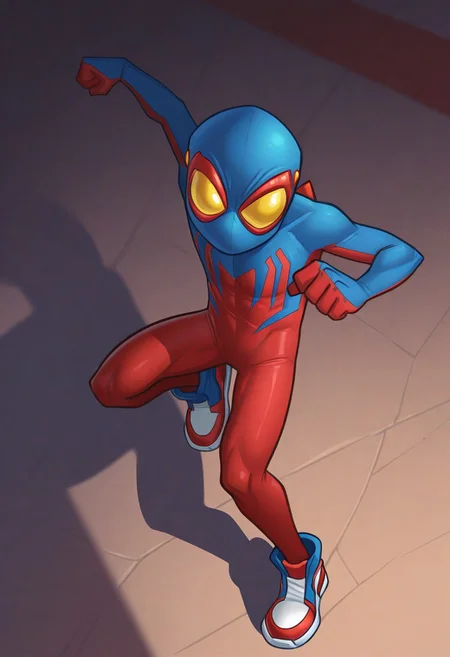 1boy, male focus, cute boy, BaileyBriggs, Mask, Yellow Eyes, Spiderboy Costume, Two-tone Bodysuit, Red Bodysuit, Blue Bodysuit, Red Blue Sneakers, cinematic, intricately detailed illustration, depth of field, masterpiece, best quality, amazing quality, very aesthetic, absurdres, newest, very awa, shadow, dynamic angle, casual cosplay, dynamic pose,  action pose,