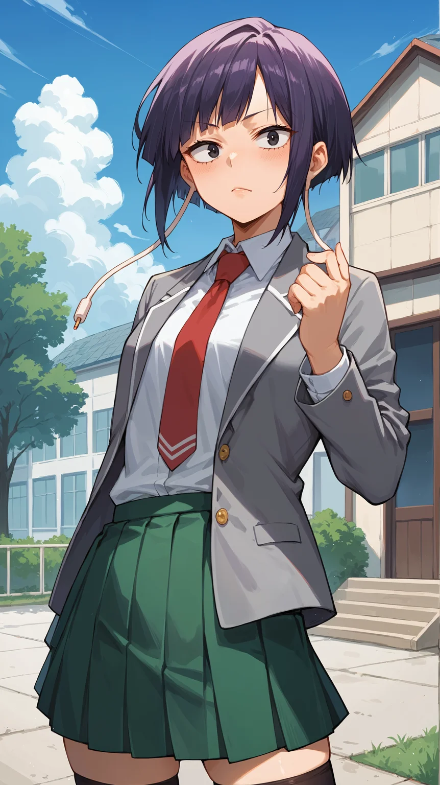score_9,score_8_up,score_7_up,score_6_up, source_anime, <lora:xl_more_art-full_v1:0.5>, girl, dynamic pose, shushing, <lora:Kyoka Jiro (Earphone Jack) - Pony:0.8>, short hair, purple hair, black eyes, earlobes, long earlobes, earphone plugs, school uniform, grey school uniform jacket, red necktie, green skirt, pleated skirt, black thighhighs, school building, school house, courtyard,