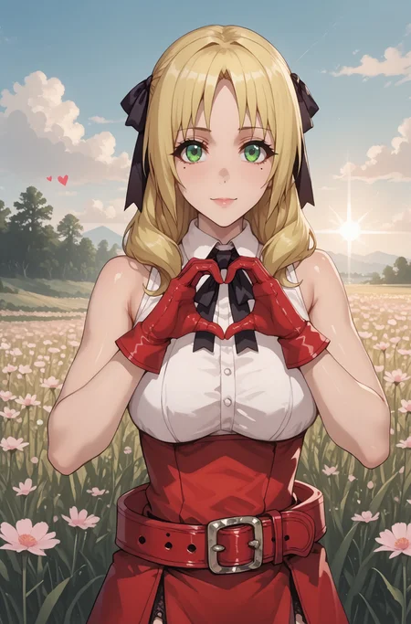 <lora:esther-rosenthal-acc1-ponyxl-lora-nochekaiser:1>, esther rosenthal, long hair, blonde hair, green eyes, mole, mole under eye, black ribbon, black bow, hair ribbon, skirt, shirt, thighhighs, gloves, bow, ribbon, bare shoulders, white shirt, sleeveless, belt, black thighhighs, miniskirt, bowtie, sleeveless shirt, red skirt, garter straps, (red gloves:1.2), high-waist skirt, pink gloves, verybadimagenegative_v1.3, By bad artist, 748cmstyle, M4gicalL1nes, (looking at viewer:1.5), sunset, bad_prompt_version2, heart shaped hands, in field