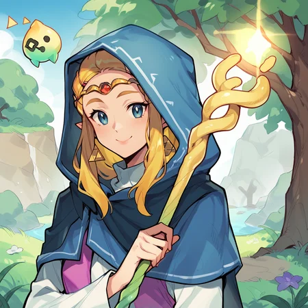 score_9, score_8_up, score_7_up, score_6_up, score_5_up, score_4_up, zPDXL2,source_anime,rating_questionable, 1girl, solo, outdoors, smile, <lora:Princess_Zelda_-_Echoes_of_Wisdom_r1:1>Zelda_EoW, princess zelda, blue eyes, blonde hair, long hair, cloak, hood up, holding staff, hooded cape, long sleeves, white shirt, circlet