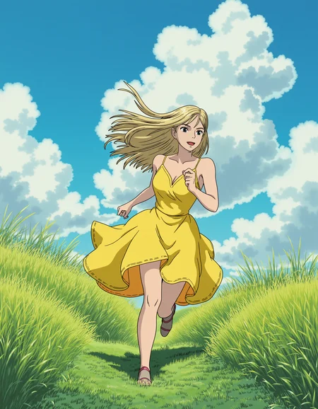 Painting of a scenic grassy field, high grass, windy, wind blowing through the grass, blue sky, clouds, women running through the field wearing a yellow dress, blonde long hair flowing in the back air, mid motion, focused expression,  <lora:Studio_Ghibli_Flux:1> ghiblistyle