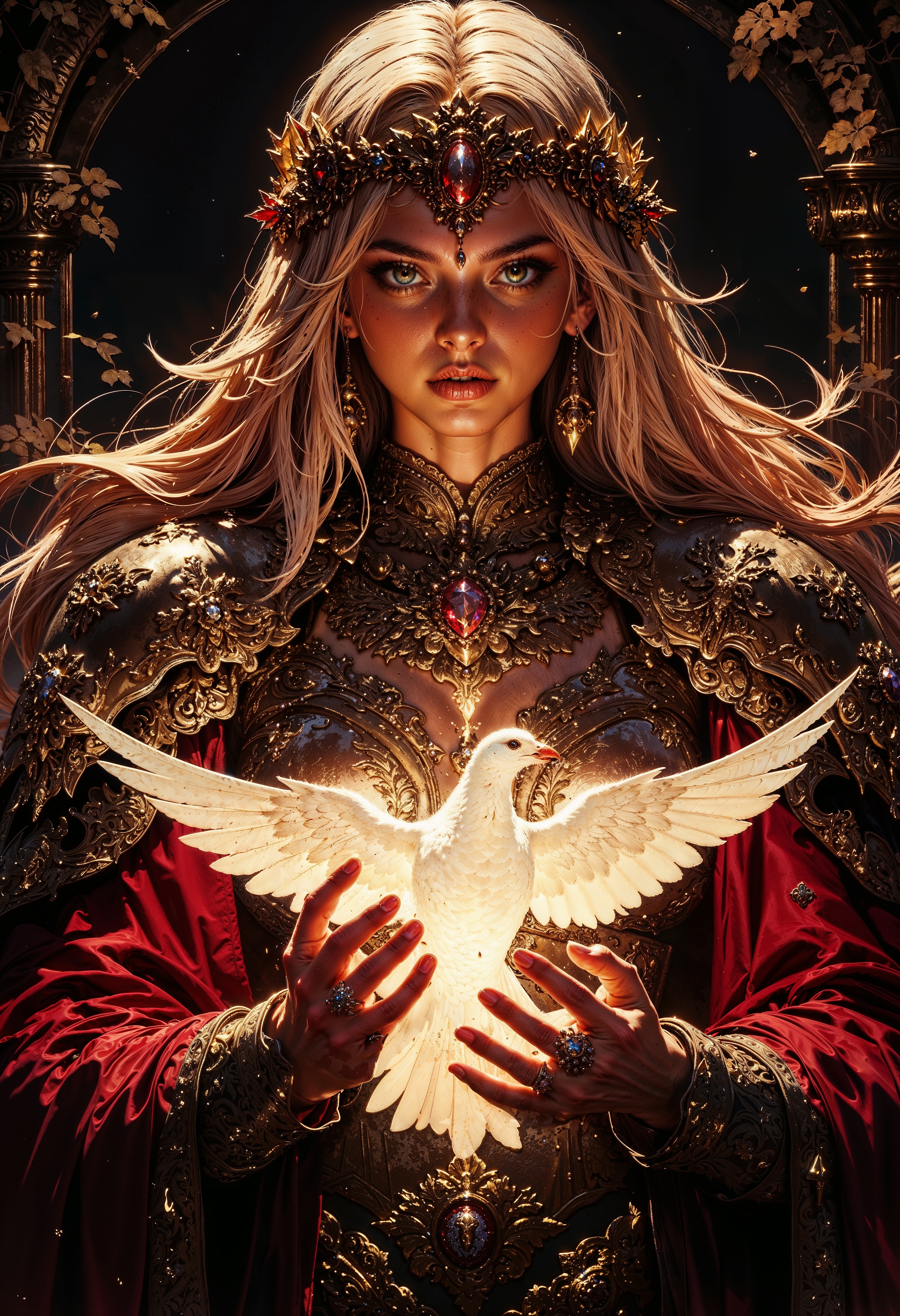 a regal female figure with long, flowing blonde hair and fair skin. She is adorned in an elaborate red gown with intricate gold embroidery and jewelry, including a detailed crown with flame-like elements emanating from it. Her expression is serene and focused as she gently holds a glowing white dove in her hands, which emits a soft, warm light. The background is dark, with subtle foliage framing the scene, enhancing the mystical atmosphere. The overall composition is balanced, with a strong emphasis on the interplay of light and shadow, creating a magical and ethereal ambiance. <lora:FluxMythG0thicL1nes:0.6> <lora:RetroAnimeFluxV1:0.6> <lora:FredFraiStyle-FLUX-Share:0.6>  <lora:dark_fantasy_flux:0.6>