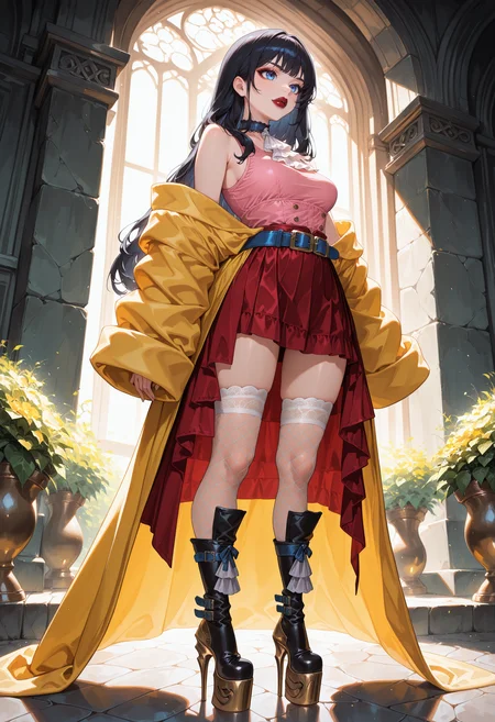 masterpiece, best quality, absurdres, highres, newest,<lora:cfg_scale_boost:.7> ,  
gaiaxiv, blue eyes, red lips, black hair,  medium breasts, 
 white ascot, pink tank top, red skirt, blue belt,
 yellow long coat, off shoulder, long sleeves, 
white fishnet thighhighs, 
green high heel boots, platform footwear, footwear ribbon, 
<lora:Gaia_XIV_IL:1>