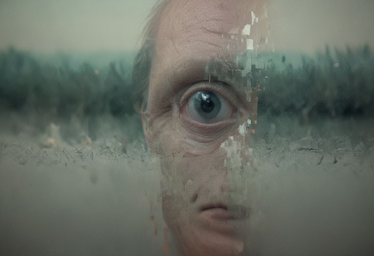 (numbers, binary code, computer circuits:0.6), (Split double exposure, torn paper effect), (capture the essence of free will, deep oranges, deep blacks, deep blues, airy aura, fog, silhouettes, computer parts, very carefree and happy, black chromes), (closeup pupils reflection of dying humanity:1.8), (artist design by Norman Bluhm and Erwin Blumenfeld), (5mm, bokeh, blur, rim lighting, film grading, cinematic lighting, film still), (art definition by Hans Bellmer and Stephen Gammell), (digital hud overlay, lots of data points, numbers and metrics, blueprint of human heart:1.1),