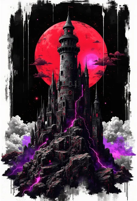A graphic illustration, black and white, of an ominous wizard's tower atop a mountain, red moon, purple lightning. d1eselc0re  gl1tchc0re