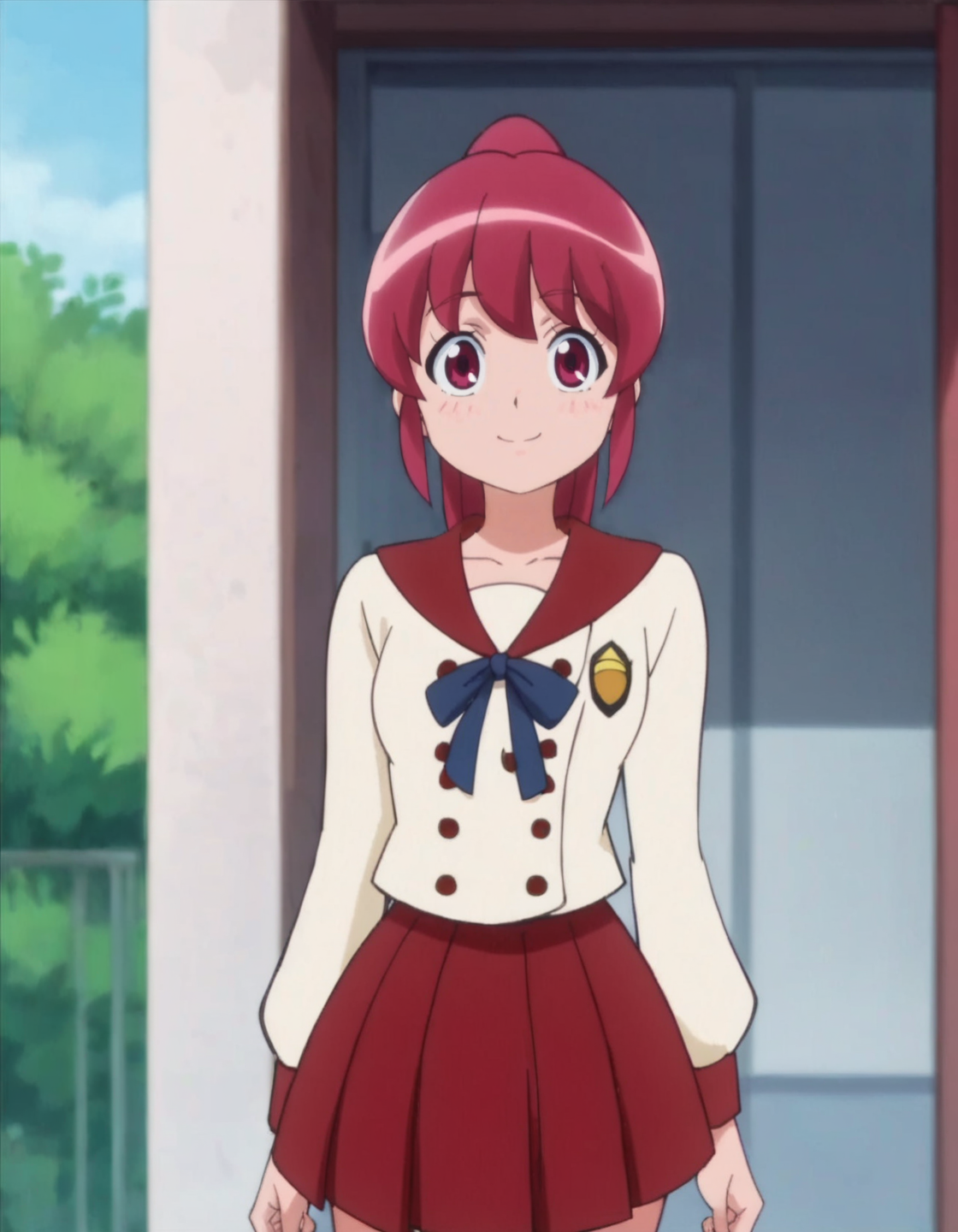 score_9, score_8_up, score_7_up, anime screencap, solo,1girl,ainomegumi,red sailor collar,  school uniform, red skirt, smile, serafuku, looking at viewer, cowboy shot,medium breasts,blush<lora:ainomegumi:0.8>