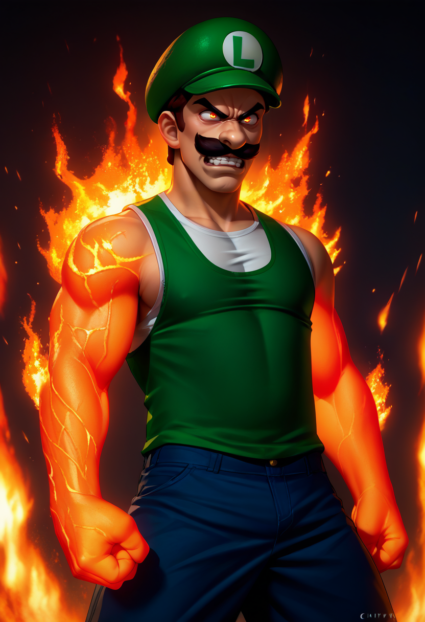 score_9, score_8_up, score_7_up, source_anime, 1boy, glowing veins, glowing body, <lora:EnergyVeins_XLPD:1.2>, shirt, shorts, sleeveless,  <lora:Luigi_XLPD:1> Incrsluigi, luigi, green headwear, furious, rage, fire, burning,