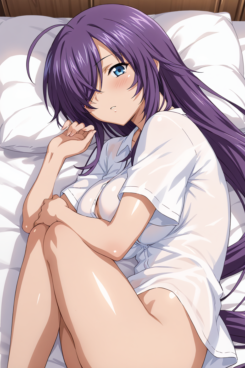 score_9, score_8_up, score_7_up, BREAK source_anime, masterpiece, anime screencap, shiny skin, 
1girl, kan'u unchou, very long hair, ahoge, purple hair, blue eyes, hair between eyes, hair over one eye, large breasts,  <lora:kan'u_pony-000019:0.9>
naked shirt, bed, lying on side, covered breasts,