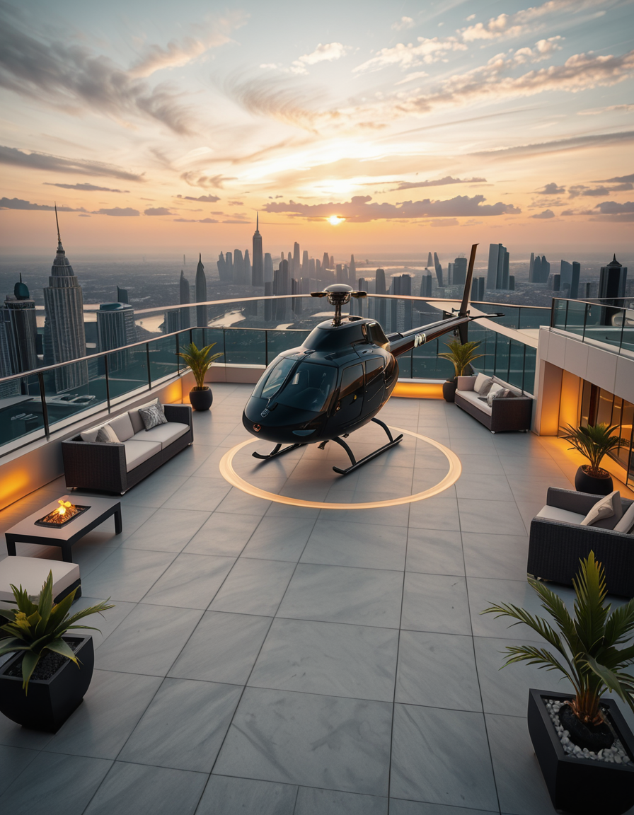 A high-resolution photo of a luxurious rooftop of a five-star hotel at sunset, featuring a sleek helipad with a high-end, matte-black private helicopter elegantly parked. The rooftop is designed with ultra-modern architecture, featuring a spacious terrace with infinity-edge glass railings, ambient lighting, and a panoramic city skyline in the background. The surface of the helipad is clean, polished concrete with clear illuminated markings. Surrounding the helipad, there are lounge areas with modern outdoor furniture, minimalist fire pits, and decorative planters with tropical greenery. The lighting is warm and golden, casting soft shadows and highlighting the contours of the helicopter and the textures of the rooftop. The sky is dramatic, painted with hues of orange, pink, and violet, creating a cinematic atmosphere of luxury and exclusivity. The overall mood is elite, calm, and aspirational, showcasing the ultimate in urban luxury lifestyle.
<lora:SDXLFaeTastic2400:0.4> <lora:extremely_detailed:0.4> extremely detailed,helipad r00ft0p <lora:helipad_r00ft0p-i:1>, Masterpiece,best quality,hi res,8k,hi res,8k,award winning,(sharp focus, intricate, highly detailed),