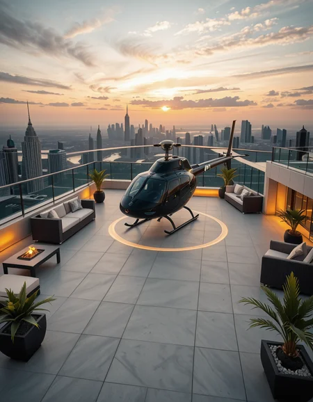 A high-resolution photo of a luxurious rooftop of a five-star hotel at sunset, featuring a sleek helipad with a high-end, matte-black private helicopter elegantly parked. The rooftop is designed with ultra-modern architecture, featuring a spacious terrace with infinity-edge glass railings, ambient lighting, and a panoramic city skyline in the background. The surface of the helipad is clean, polished concrete with clear illuminated markings. Surrounding the helipad, there are lounge areas with modern outdoor furniture, minimalist fire pits, and decorative planters with tropical greenery. The lighting is warm and golden, casting soft shadows and highlighting the contours of the helicopter and the textures of the rooftop. The sky is dramatic, painted with hues of orange, pink, and violet, creating a cinematic atmosphere of luxury and exclusivity. The overall mood is elite, calm, and aspirational, showcasing the ultimate in urban luxury lifestyle.
<lora:SDXLFaeTastic2400:0.4> <lora:extremely_detailed:0.4> extremely detailed,helipad r00ft0p <lora:helipad_r00ft0p-i:1>, Masterpiece,best quality,hi res,8k,hi res,8k,award winning,(sharp focus, intricate, highly detailed),