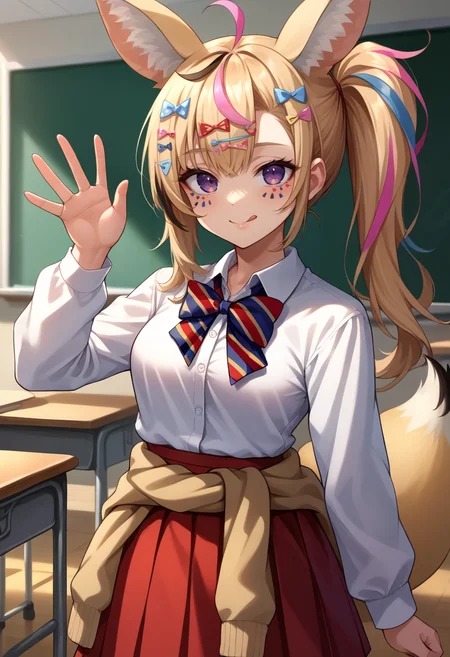 score_9, score_8_up, source_anime, 1girl, solo, PolkaSchool, streaked hair, fox ears, facial mark, long hair, side ponytail, purple eyes, hairclip, dress shirt, long sleeves, striped bowtie, red skirt, cardigan around waist, fox tail, indoors, classroom, waving at viewer, smile, :p, tongue out, <lora:ChamOmaruPolkaPonyXL:1>