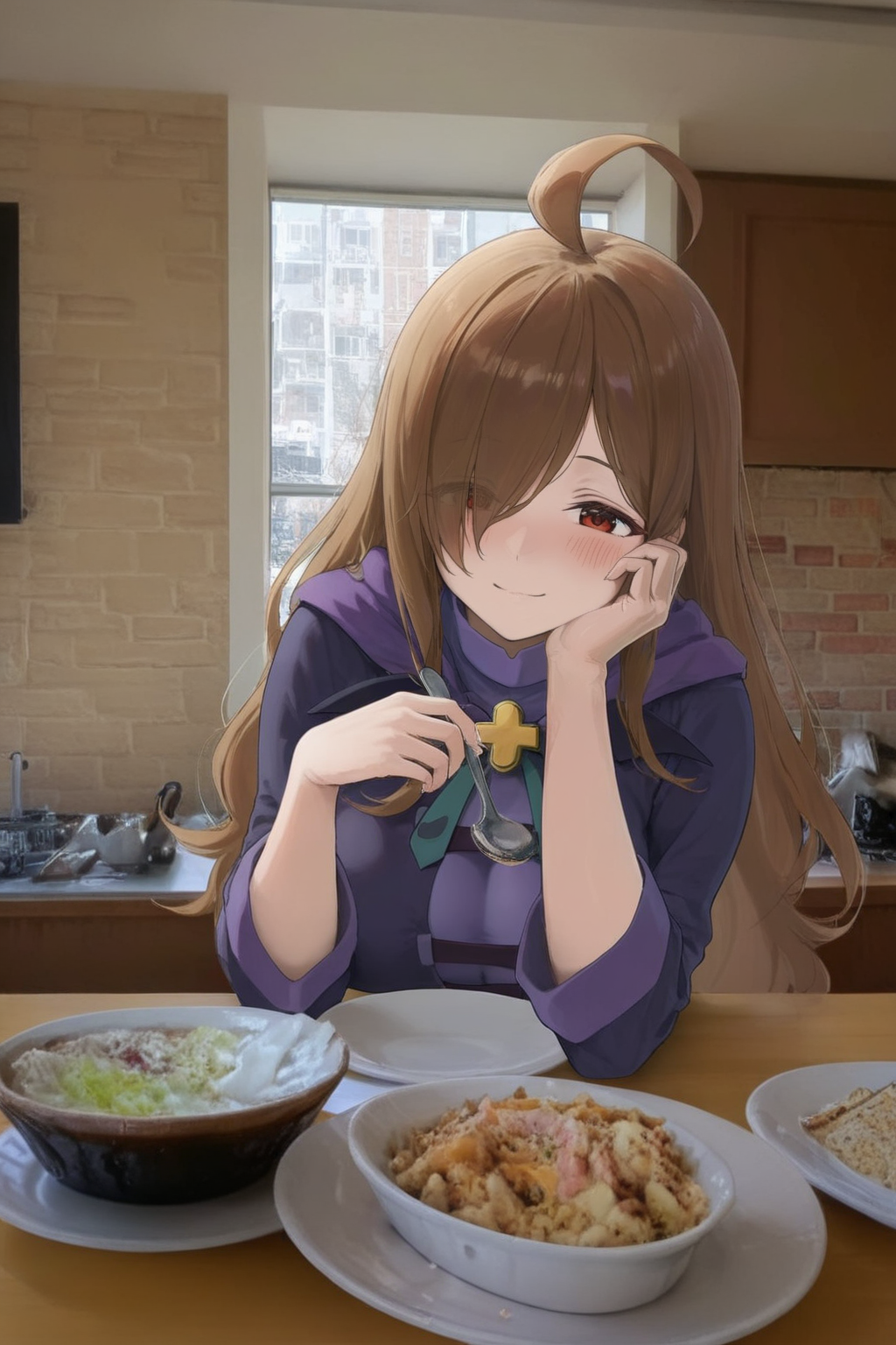1girl, wiz, konosuba, pov across table, blush, soft smile, date, dishes, photo background, realistic background, masterpiece, best quality, good quality, newest, very aesthetic, absurdres