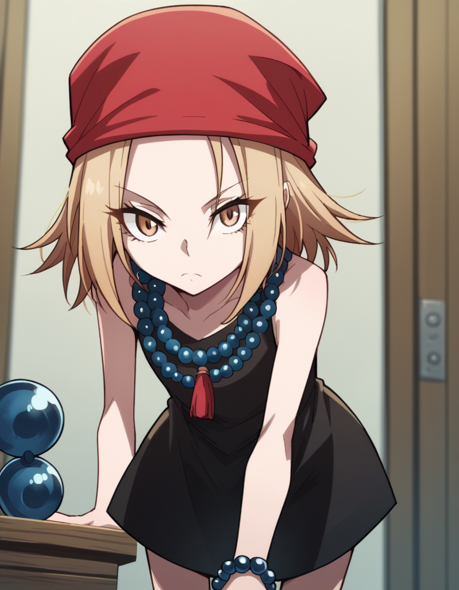 score_9, score_8_up, score_7_up, source_anime,
annakyouyama, <lora:anna-kyouyama-2021-s1-ponyxl-lora-nochekaiser:1>,
anna kyouyama, blonde hair, short hair, brown eyes,
bandana, beads, black dress, dress, prayer beads,
indoors, bent over,
looking at viewer, cowboy shot, solo, dutch angle