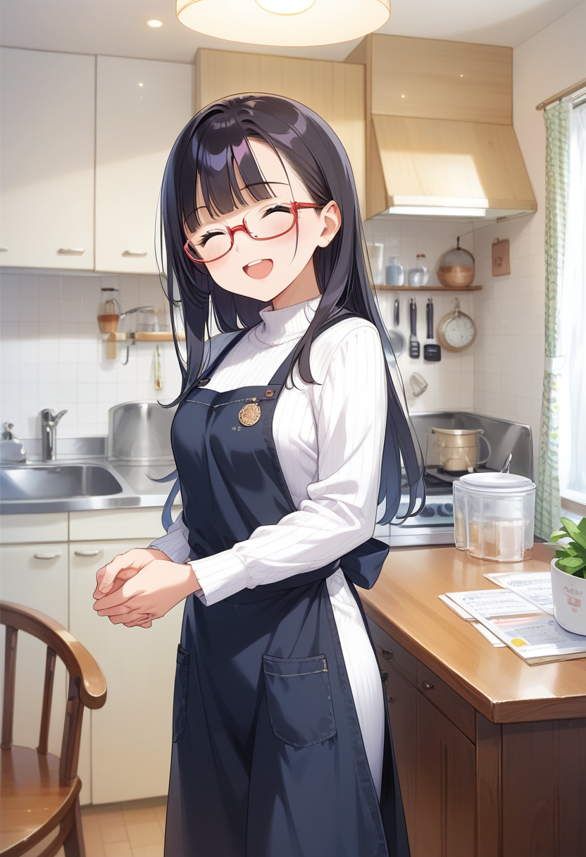 score_9, score_8_up, score_7_up, rating_safe, masterpiece, best quality, absurdres, unity 8k wallpaper, official art, official style, source_anime, uncensored, game cg, megami magazine,
1girl, solo, glasses, black hair, long hair, white ribbed sweater, black apron,  happy, smile, looking at viewer, closed eyes, open mouth, own hands together,
JPkitchen, calendar (object), chair, indoors, scenery, window, sink, table, lamp, kitchen, curtains, cabinet, clock
<lora:JP_kitchen_PONY_V1:1>