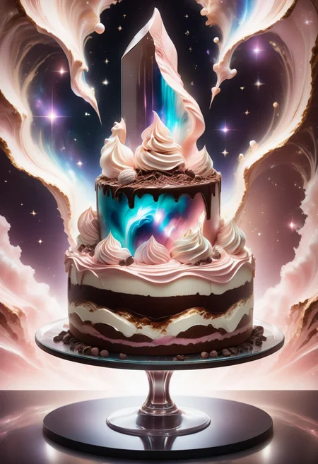 a tiramisu cake in a longglass with melted chocolate,stardust mist and cocoa powder, detailed with light pink aura quartz by jed-auraquartz