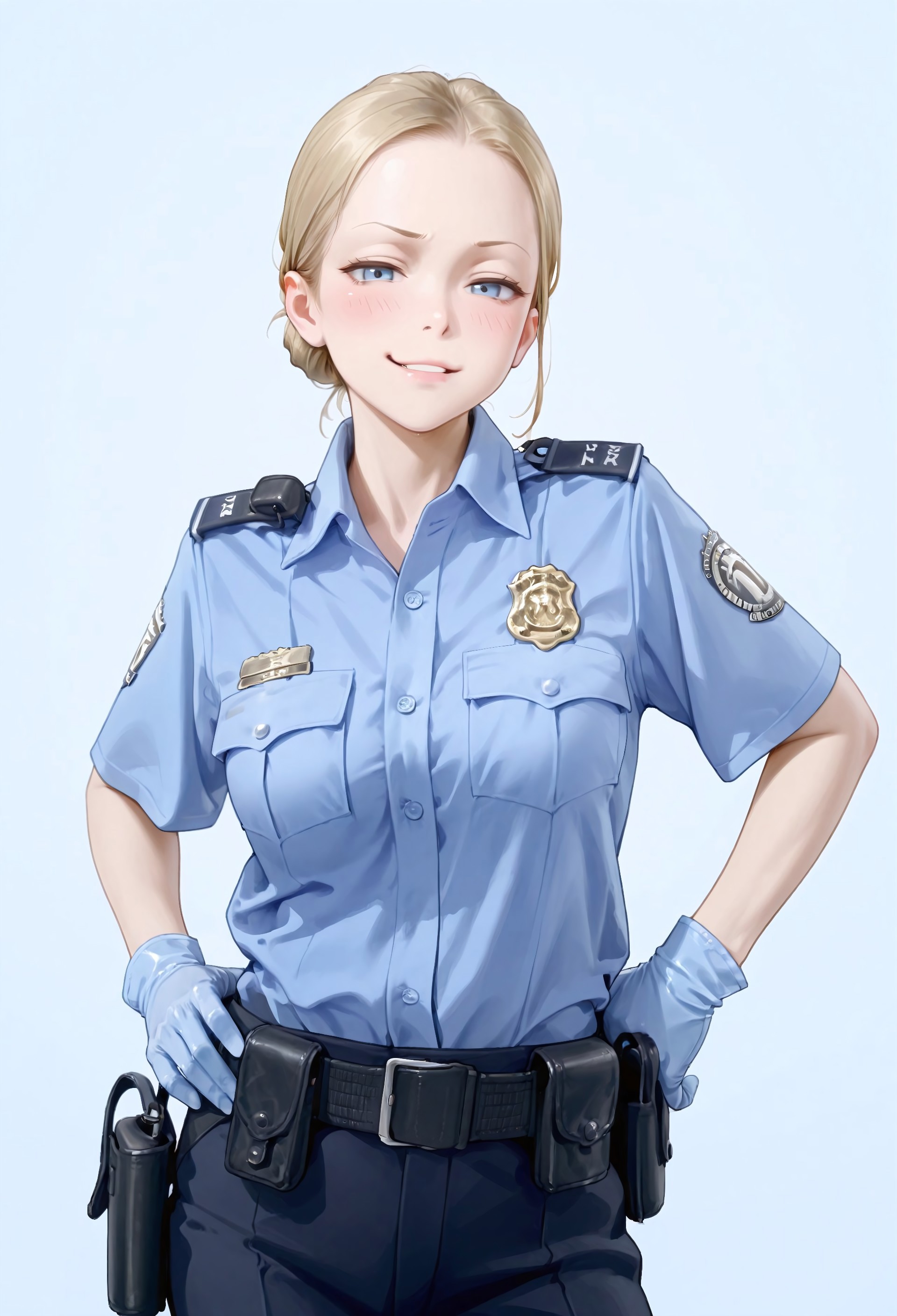 masterpiece, best quality, amazing quality, absurdres, 

0c_tsa,1girl, solo, blonde hair, single hair bun, low hair bun, blue eyes, parted lips, medium breasts,

 police uniform, policewoman, blue shirt, collared shirt, epaulette, badge, name tag, blue gloves, rubber gloves, black pants, belt, pouch,

 , smug, standing, hands on the hips, cowboy shot, looking at viewer, standing, blush,simple background, blue background,