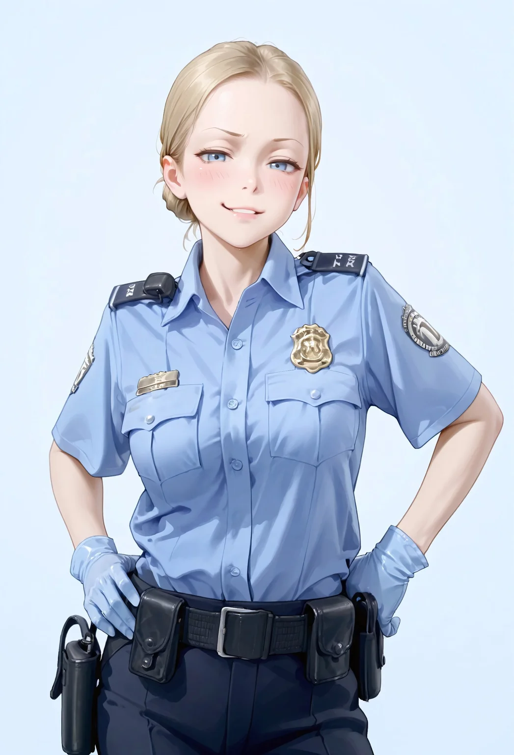 masterpiece, best quality, amazing quality, absurdres,
0c_tsa,1girl, solo, blonde hair, single hair bun, low hair bun, blue eyes, parted lips, medium breasts,
police uniform, policewoman, blue shirt, collared shirt, epaulette, badge, name tag, blue gloves, rubber gloves, black pants, belt, pouch,
, smug, standing, hands on the hips, cowboy shot, looking at viewer, standing, blush,simple background, blue background,