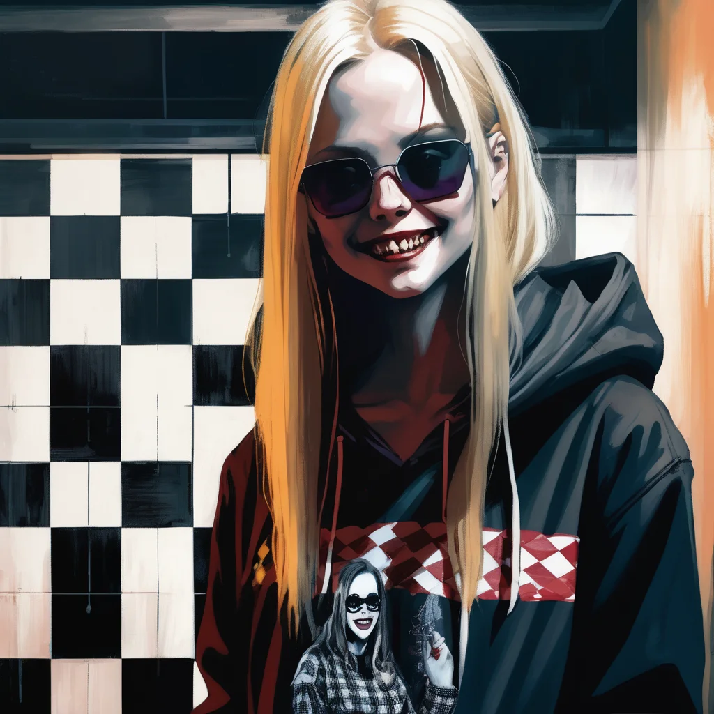 VtmArt, painting of a cute blonde haired pale skinned girl wearing a grunge hoodie with a creepy fanged smile in a coat with long hair and sunglasses standing in a dark room with a checkerboard floor, <lora:VtmArt:1.2>, (masterpiece:1.3)