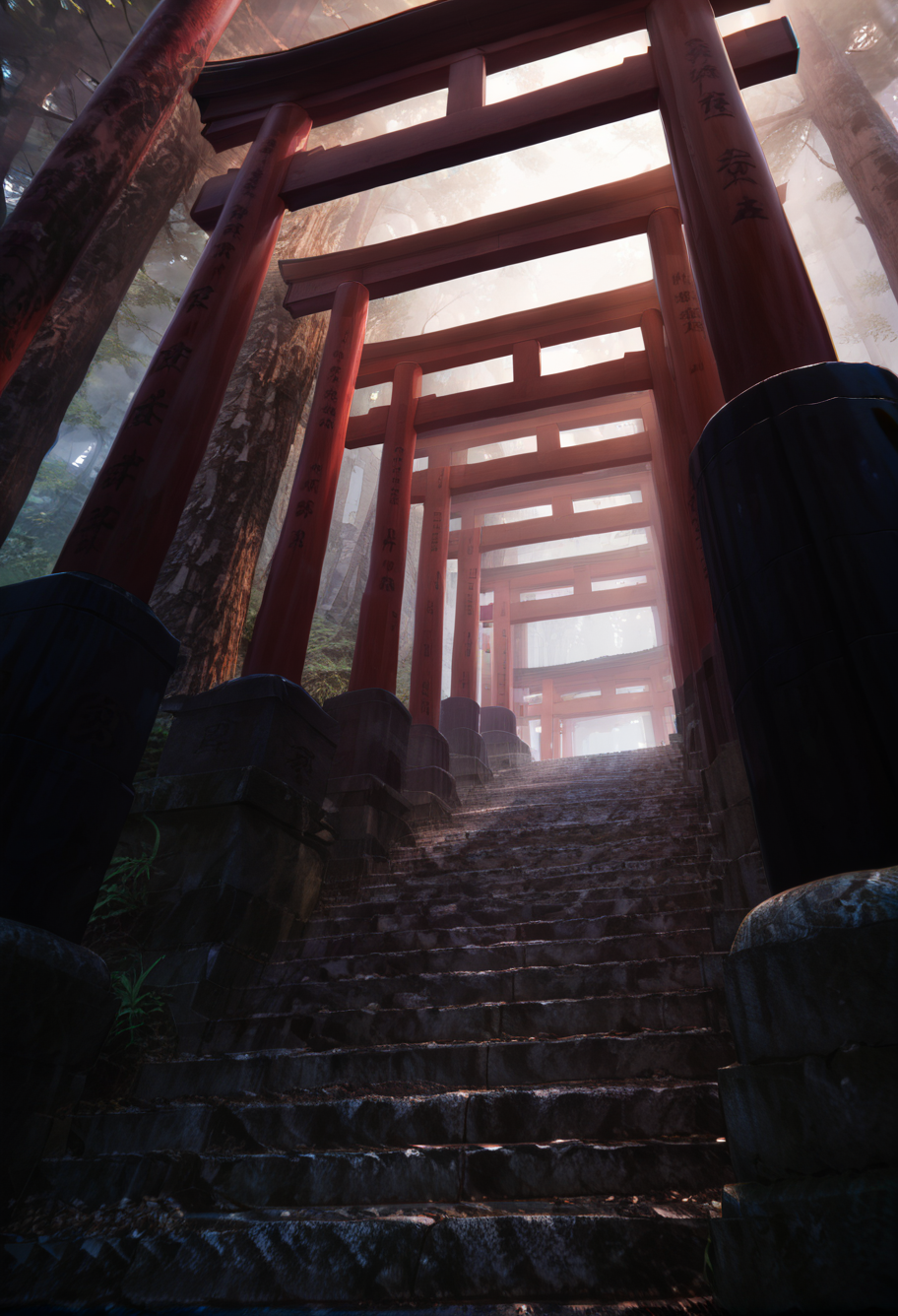,ruanyi0942,multiple torii,outdoors,stone stairs,<lora:0942 torii_v1_pony:1>, score_9,score_8_up,score_7_up,,8k,1girl,solo,,