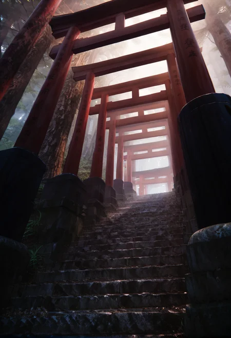,ruanyi0942,multiple torii,outdoors,stone stairs,<lora:0942 torii_v1_pony:1>, score_9,score_8_up,score_7_up,,8k,1girl,solo,,