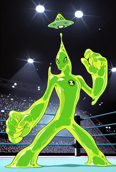 <lora:goop-09:1> goop, solo, no humans, male focus, green skin, pokemon (creature), slime (substance), translucent character, transparent skin, floating small ufo on head, dynamic pose, stretchy limbs, green slime, massive hands, wrestling ring, fight, ufc, flashing lights,, masterpiece, best quality, amazing quality, very aesthetic, absurdres, newest,