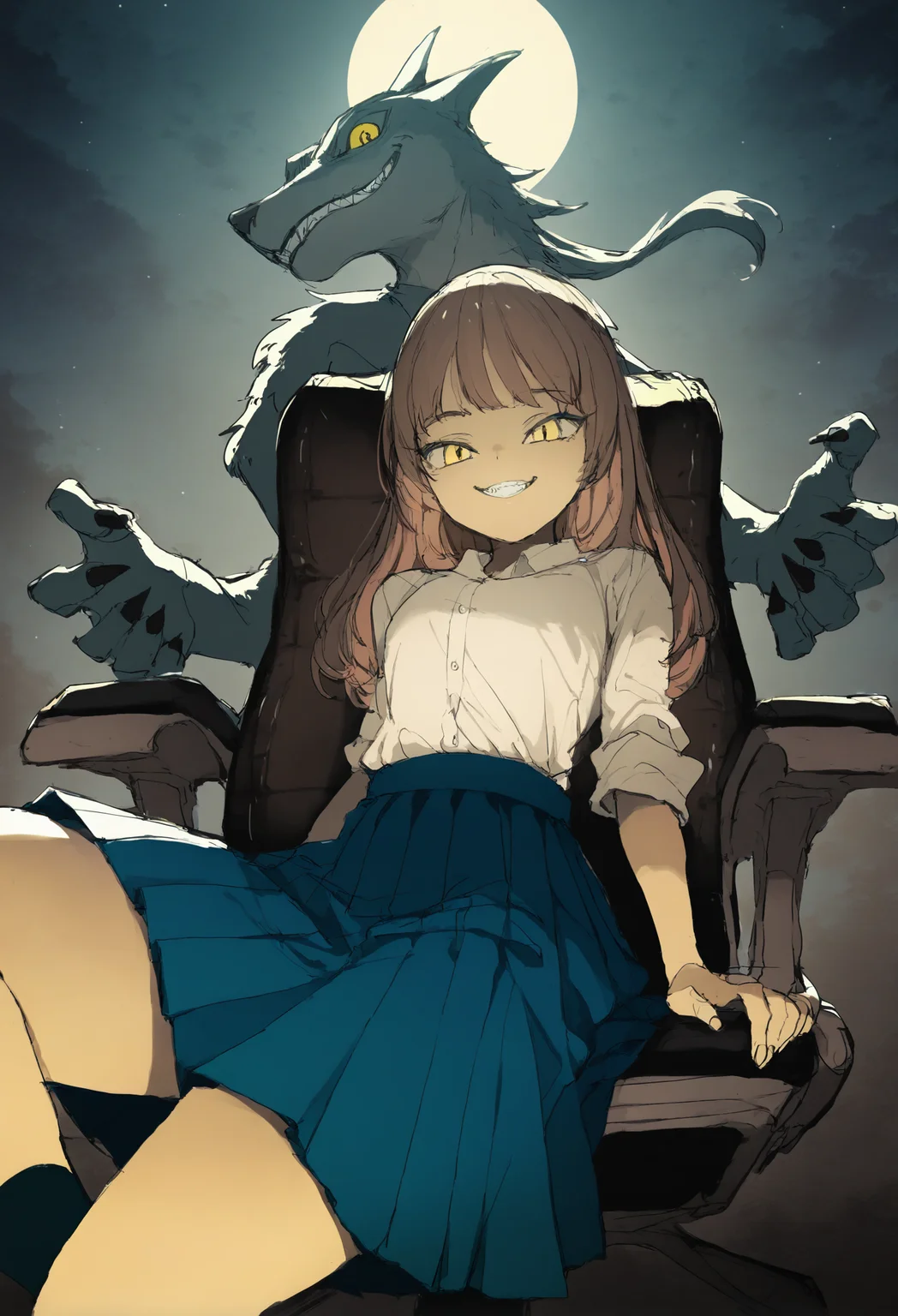 1girl, moon, 1boy, sitting, skirt, brown hair, sharp teeth, shirt, smile, chair, yellow eyes, looking at viewer, full moon, furry, long hair, teeth, pleated skirt, white shirt
,masterpiece,best quality,very aesthetic,absurdres,
<lora:åºæ°´fornoob:0.95>