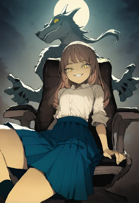 1girl, moon, 1boy, sitting, skirt, brown hair, sharp teeth, shirt, smile, chair, yellow eyes, looking at viewer, full moon, furry, long hair, teeth, pleated skirt, white shirt
,masterpiece,best quality,very aesthetic,absurdres,
<lora:åºæ°´fornoob:0.95>
