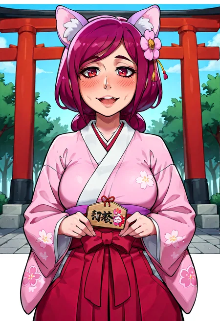 IllustriousQual, <lora:StS-Illustrious-Detail-Slider-v1.0:2> <lora:cfg_scale_boost:0.3> <lora:StS_Age_Slider_Illustrious_v1:3>,detailed_background,outdoors,torii,floral print kimono,flower,hakama,wide sleeves,pink kimono,purple hair,@ @,highres,open mouth,kimono,hakama skirt,rabirin \(precure\),solo,skeb commission,japanese clothes,tree,skirt,long hair,holding,blush,looking at viewer,red eyes,animal ears,hair ornament,short hair,ema,obi,pink hair,precure,smile,red hakama,benikoya,miko