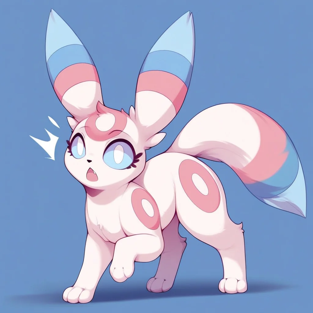 score_9, score_8_up, score_7_up, score_6_up, score_5_up, score_4_up, Sloimu, Minttu, solo, 1girl, feral, pokemon, pokemon (creature), umbreon, white fur, multicolored fur, pink and blue markings, fluffy tail, blue sclera, white pupils, eyelashes, long ears, black nose, full body, looking at viewer, on all fours, standing, mouth open, surprise look, dark blue background,