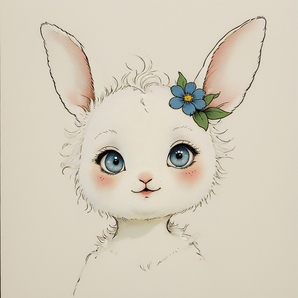 <lora:Delicate_WhimsySDXL:1> ArsMJStyle, Delicate Whimsy, The image shows a drawing of a white rabbit with blue eyes and a flower in its hair set against a white background., no humans, blush, simple background, looking at viewer, blue eyes, flower, traditional media, animal focus, solo, closed mouth